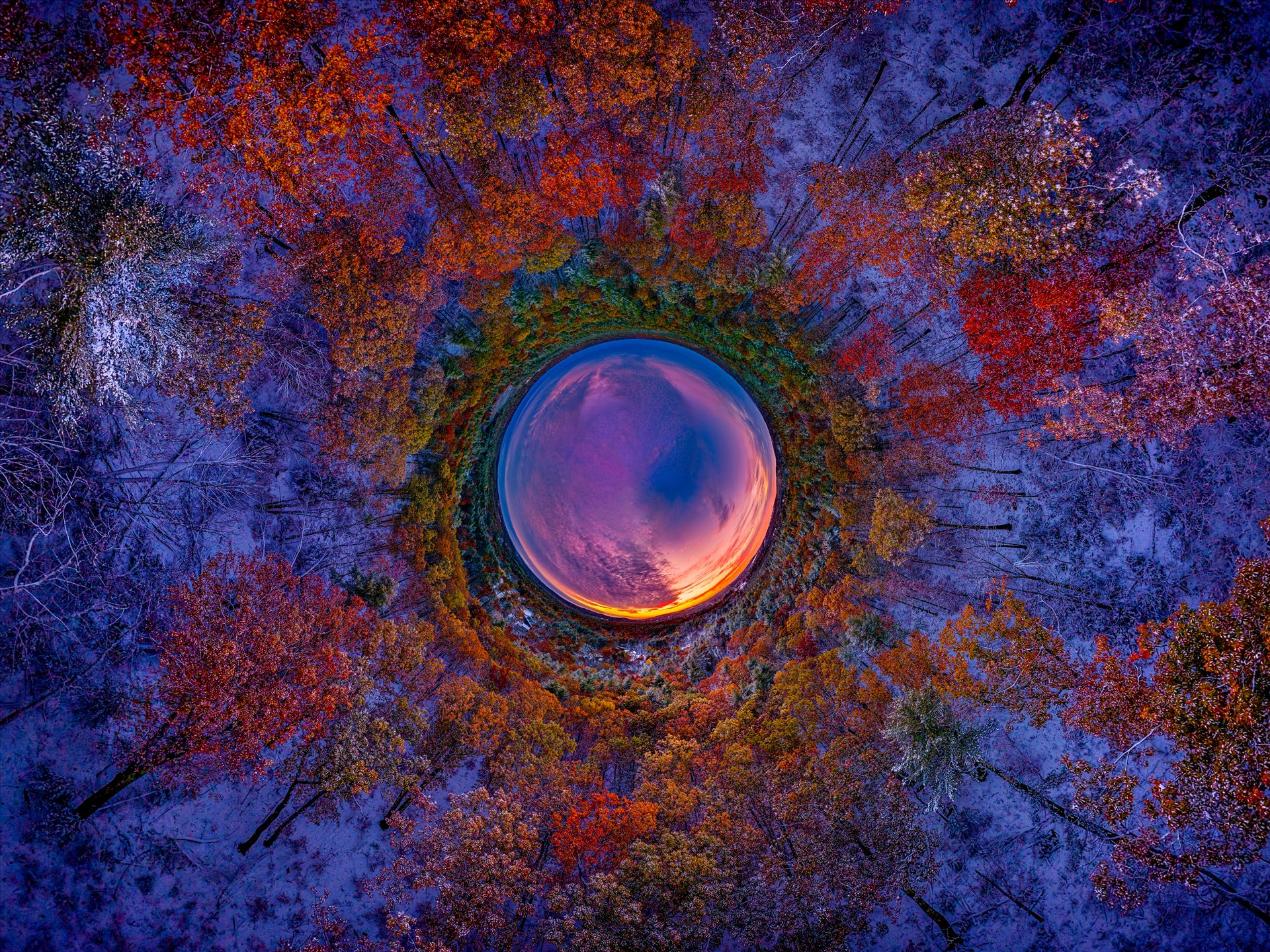 A unique, 360 degree view of Kirby-Ivers Forest, Pelham, New Hampshire after an autumn snowall -  by New England Photography