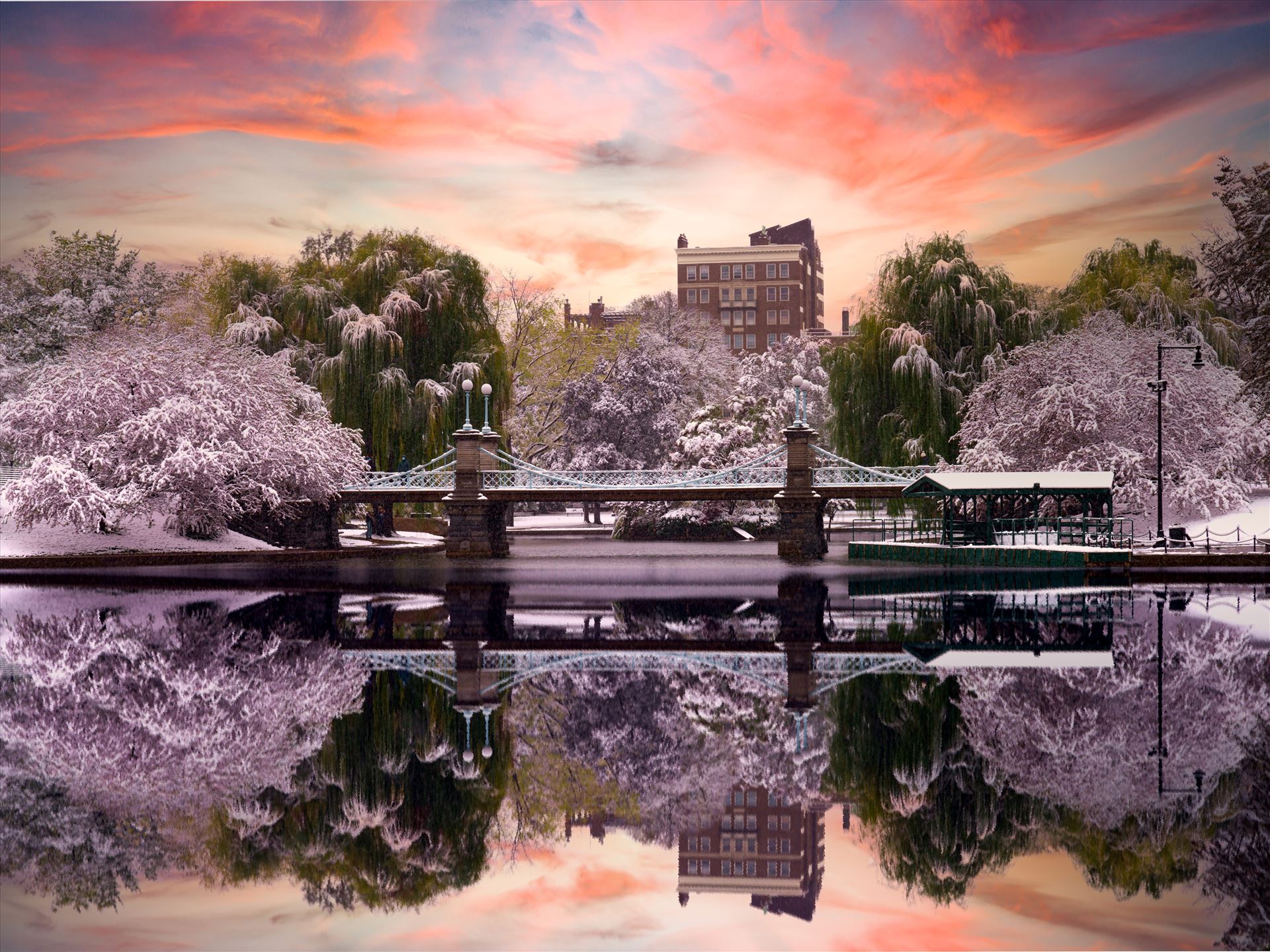 The stillness of an early winter snowfall in the famous and historic Boston Public Garden in Boston, Massachusetts -  by New England Photography